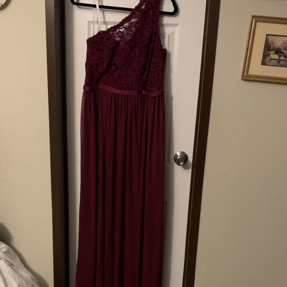 David's Bridal Lace One-Shoulder Dress in Deep Wine